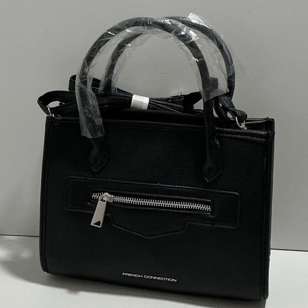 French Connection Womens Black Pebbled Faux Leather Satchel Crossbody Bag